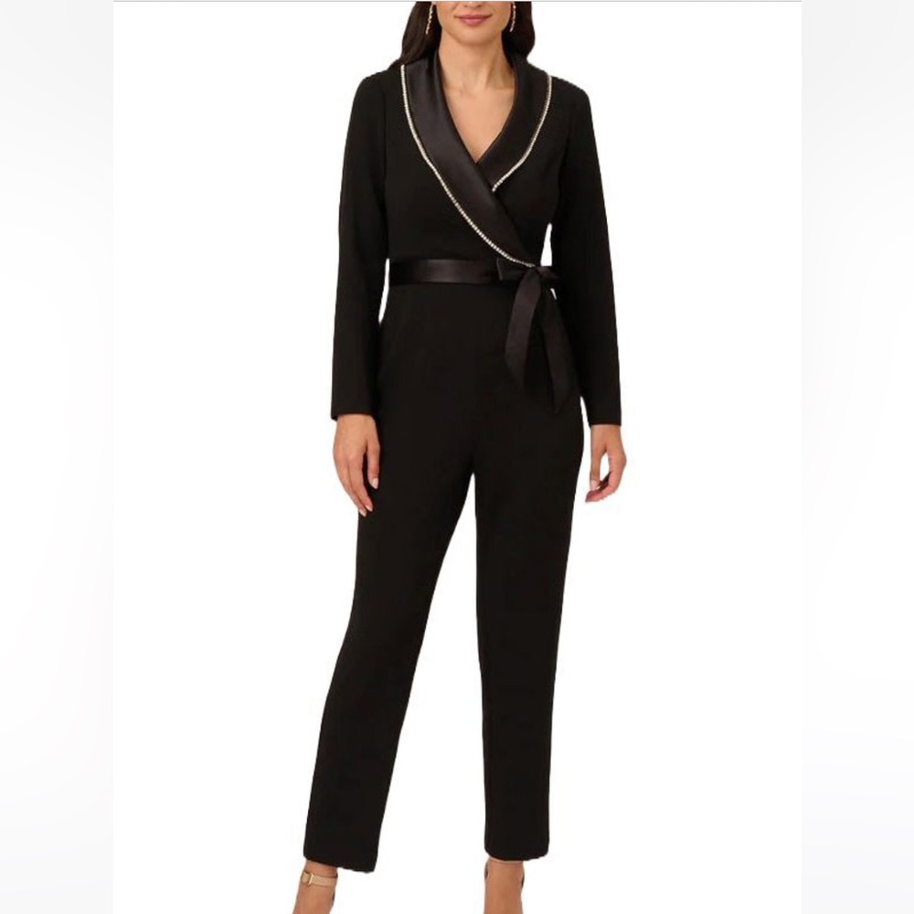 Adrianna Papell Black Embellished Crystal Trim Tuxedo Jumpsuit - Size 8P